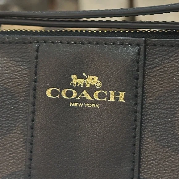 COACH Signature PVC Leather Corner Zip Wristlet w/Stripe in Walnut Brown & Black - Picture 6 of 15